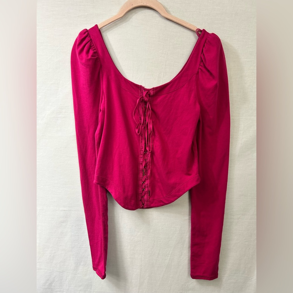 Free People Willow Reversible Puff-Shoulder Lace-Up Top